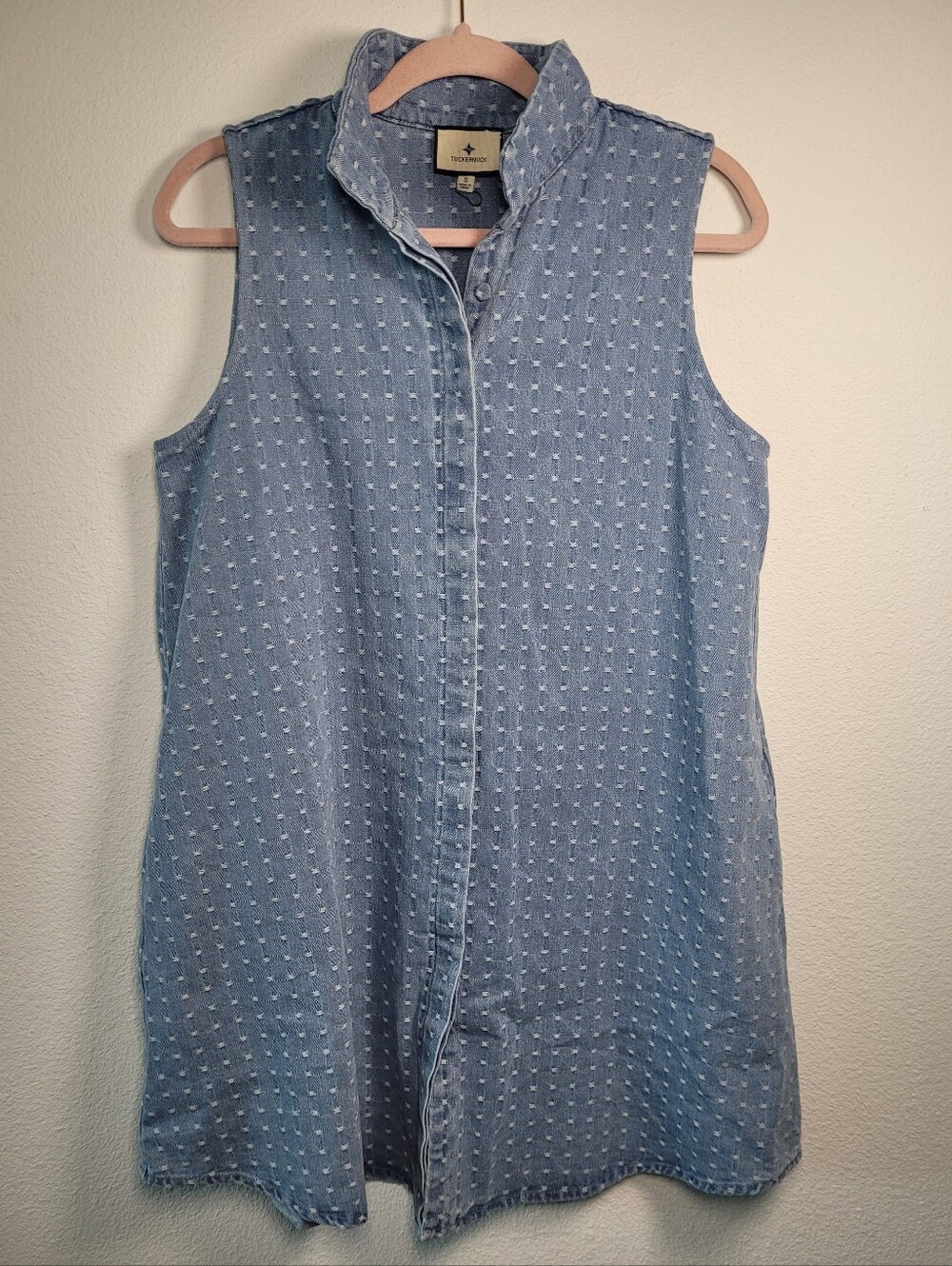 Tuckernuck Textured Denim Sleeveless Royal Shirt Dress Small Preppy Pockets
